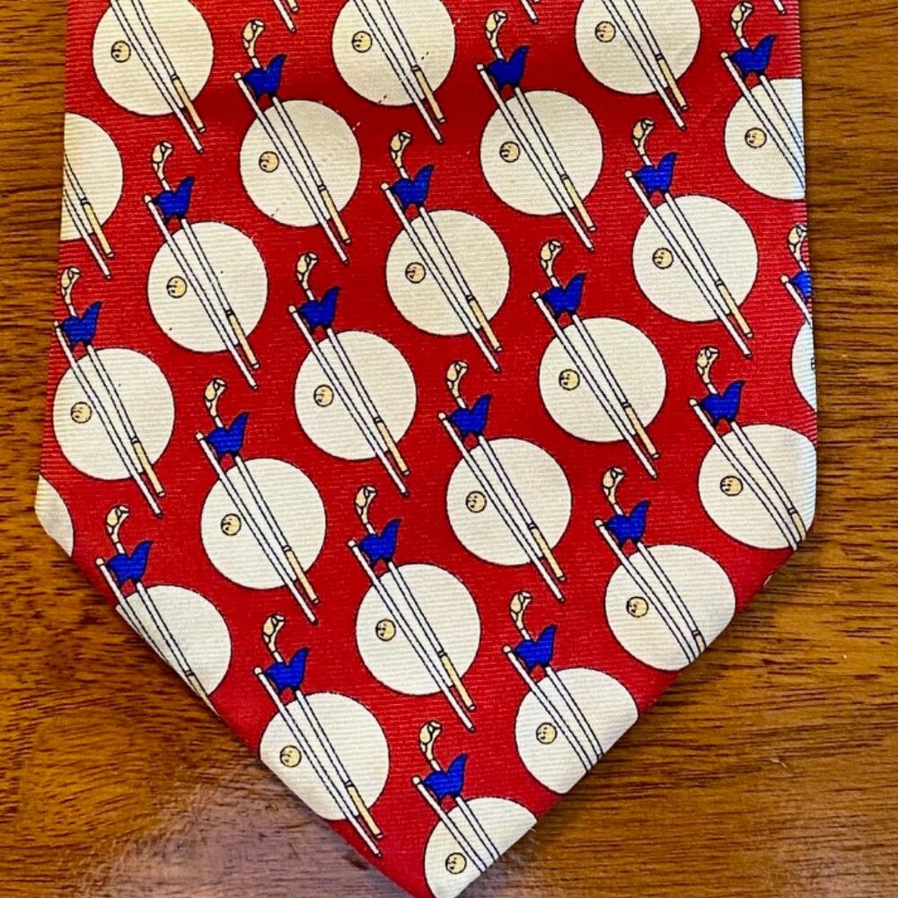 Kenneth Gordon Vintage Print Golf Themed Clubs, Pins, and Balls 100% Silk Tie